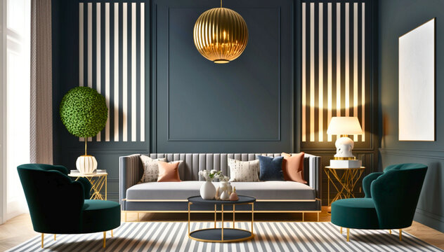 Apartment with contemporary art deco interior design, the living room with grey sofa against a dark wall,  an accent wall with stripes, interior of the house with a rug, Created with generative Ai 