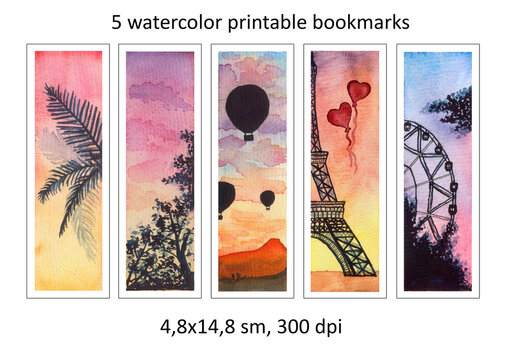 Watercolor sunset bookmarks with silhouettes. Watercolor illustrations.