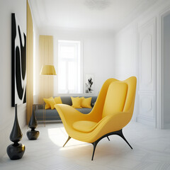 Cozy modern living room interior with yellow armchair and decoration room on white wall background, Generative AI

