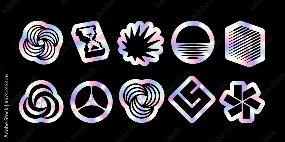 Poster hologram stickers set. different geometric shapes with glitter foil effect. vector labels in retro y