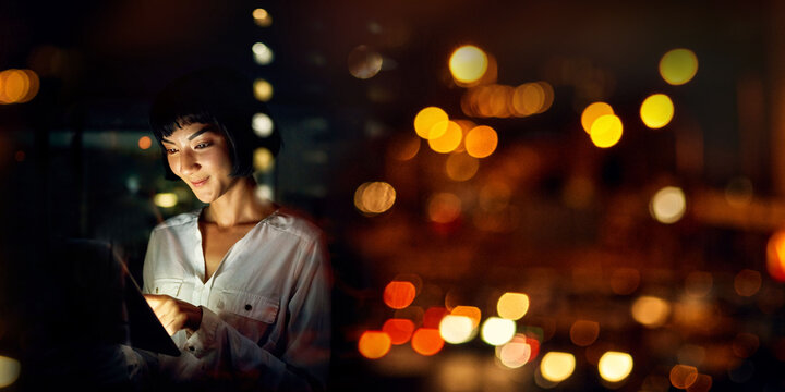 Tablet, city and woman in night bokeh for information technology, fintech software and online finance app. Young person or worker on digital analytics for financial strategy, trading or stock market