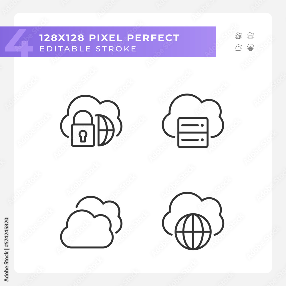 Poster safe access to cloud based storage pixel perfect linear icons set. international communication on in