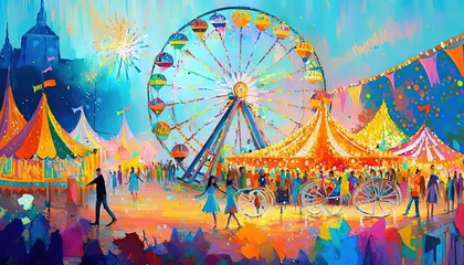 Deurstickers paint like illustration of circus fun fair carnival festival, idea for artistic background wallpaper, Generative Ai © QuietWord