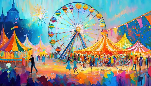 paint like illustration of circus fun fair carnival festival, idea for artistic background wallpaper, Generative Ai
