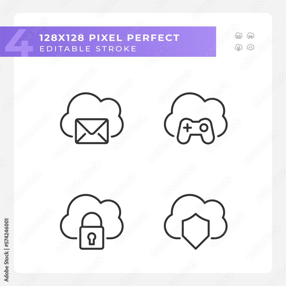 Poster purposes of cloud computing pixel perfect linear icons set. online servers in multiple spheres. cust