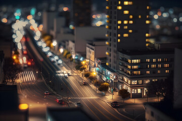 Aerial view of a busy city street at night time - generative ai