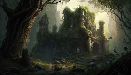 abandon lost ancient city covered with tree , Generative Ai