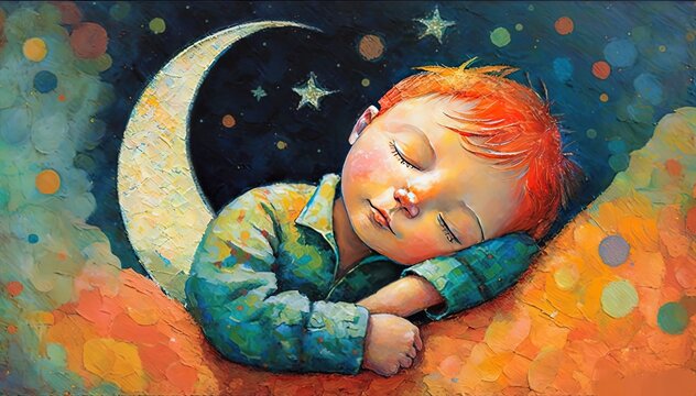 paint like illustration of a cute young boy sleep next toe the crescent moon, Generative Ai 