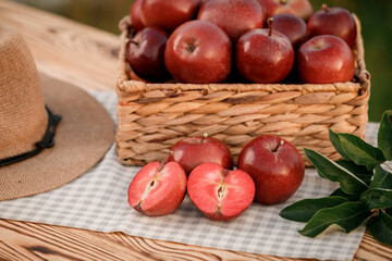 Fresh ripe red apples in the basket on wooden table with natural orchard background. Vegetarian fruit composition. Harvesting concept