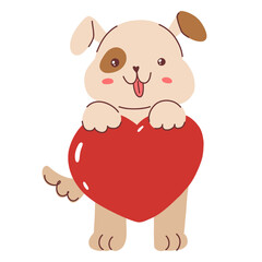 Cute cartoon hand drawn dog animal with heart. Valentine dog. Valentine's Day pet. Stock vector illustration sticker on a white background.