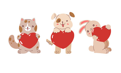 Cute cartoon animal with heart ser. Valentine hand drawn animal. Valentine's Day pet. Stock vector illustration sticker on a white background.