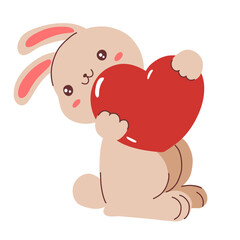 Cute cartoon hare rabbit hand drawn animal. Valentine rabbit. Valentine's Day pet. Stock vector illustration sticker on a white background.