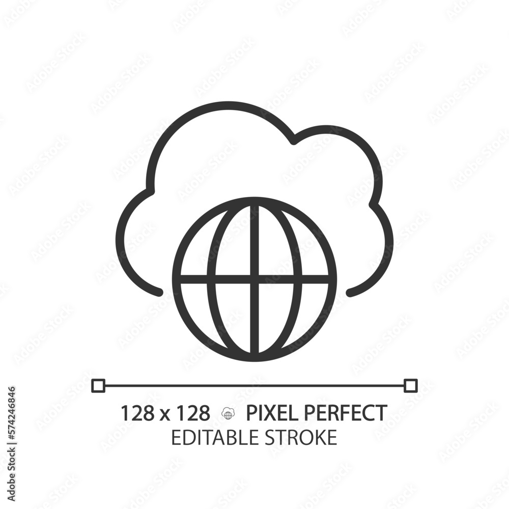 Poster public cloud pixel perfect linear icon. open server for digital data storage. free access to informa