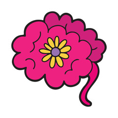 Hand drawn cartoon design brain with a flower, isolated vector illustration with bold contour, positive thinking concept