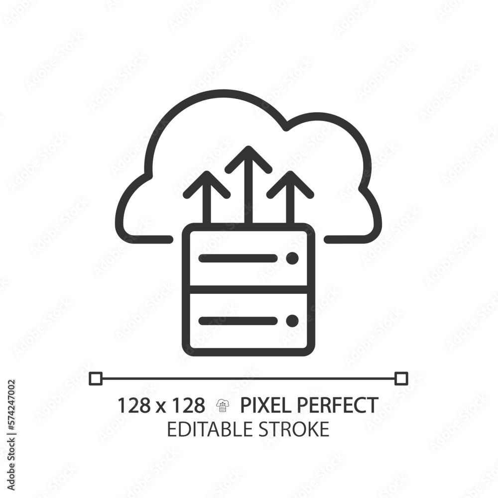 Poster cloud backup pixel perfect linear icon. remote server for digital data. save important information o