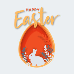 Easter paper cut in oranges and red. Easter card with bunny and plants for cards and social media