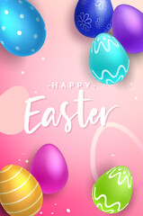 Easter  vector poster. Happy Easter greeting text with 3d colorful egg on colorful background