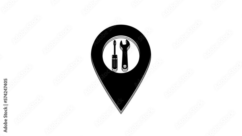 Poster black location with crossed screwdriver and wrench tools icon isolated on white background. pointer 
