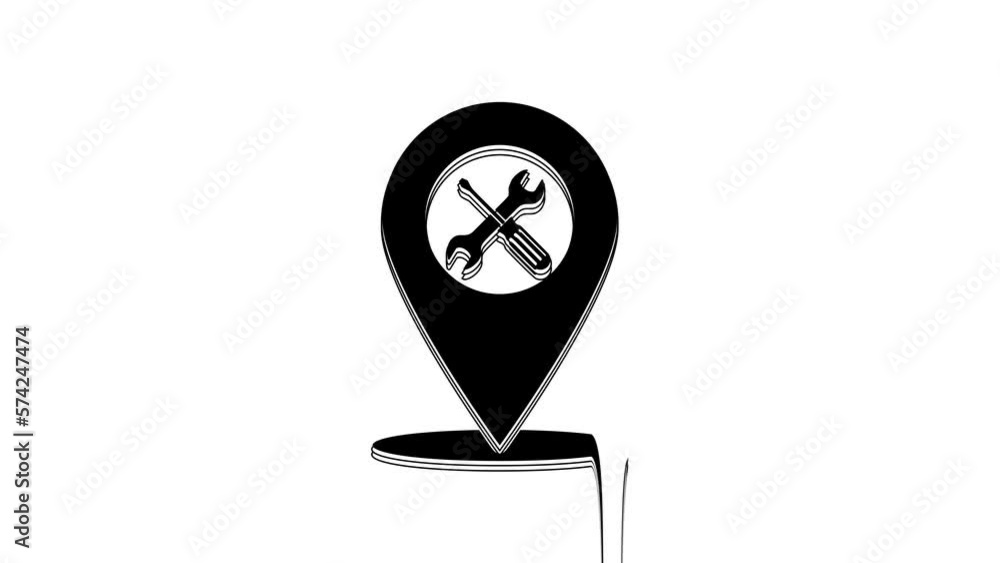 Poster black location with crossed screwdriver and wrench tools icon isolated on white background. pointer 