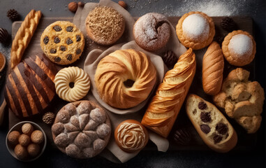 Assortment of fresh delicious baked bread on dark background, bakery rustic crusty loaves of bread and buns on black. generative ai