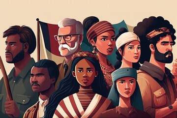 Illustration of group of people from different cultures and ethnicities standing together to fight their rights. International Day of Elimination of Racial Discrimination concept. Generative AI - obrazy, fototapety, plakaty