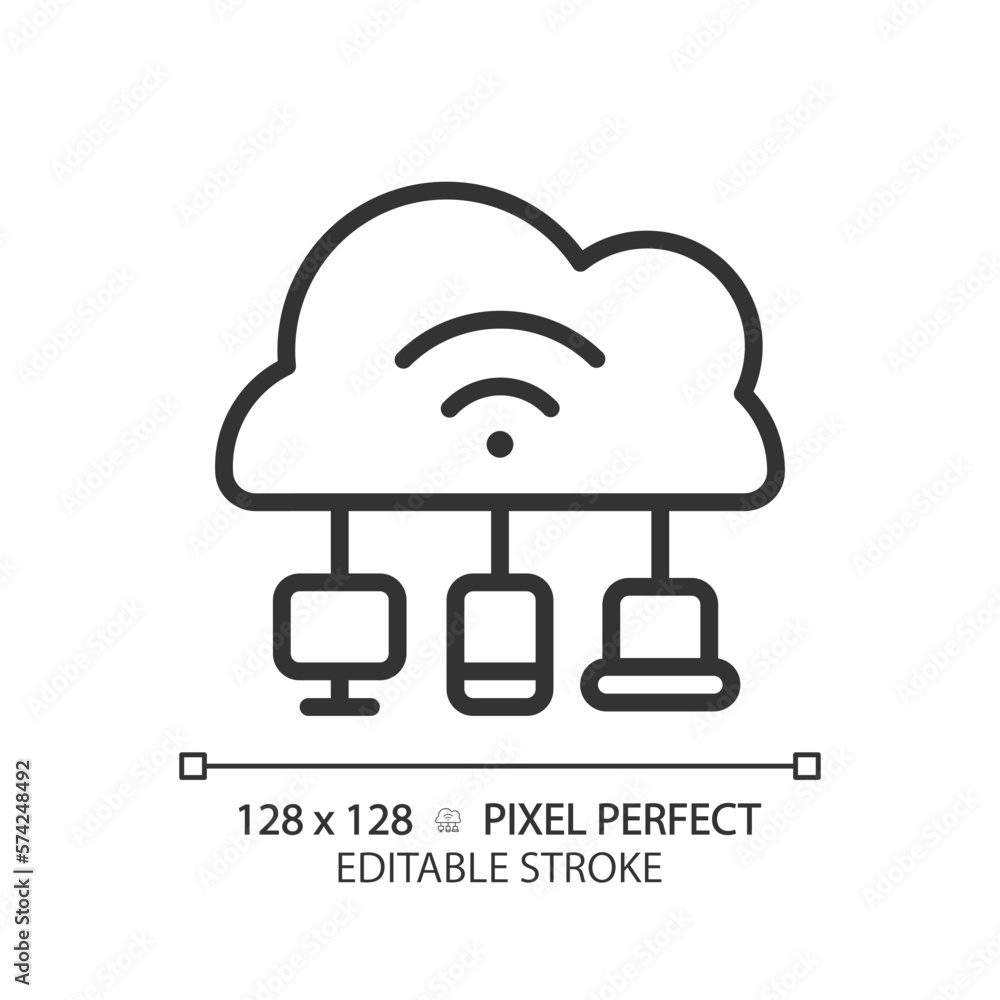 Poster cloud based iot pixel perfect linear icon. internet of things features. massive network with devices