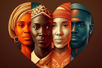 Heart shaped illustration banner representing International Day of Elimination of Racial Discrimination and Black History month. Generative AI illustration - obrazy, fototapety, plakaty