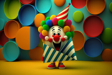 Obraz na płótnie Canvas Funny wacky colorful clown on a solid flat background. AI generated. April fool's day.