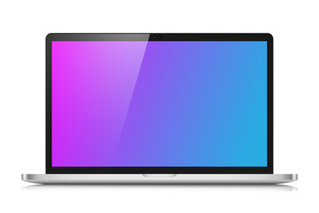 The layout of a modern laptop in a silver thin metal case. A realistic laptop with a pink and blue gradient screen and reflection on a white background. Vector illustration.