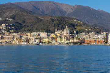 Fototapeta na wymiar View of Genoa Pegli from the sea, Italy