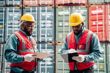 Foreman and the worker are checking the shipping container documents in a yard full of containers.