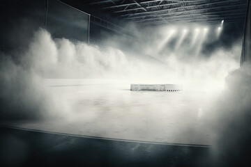 Indoor ice rink with fog and steam empty with no players and arena for spectators, illuminated sophisticates before hockey and figure skating games. Generative AI