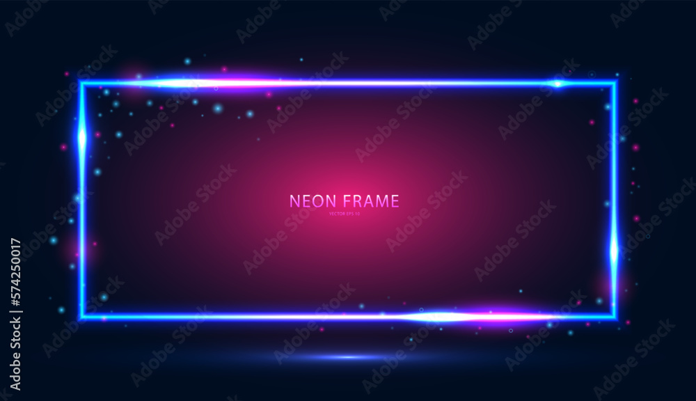 Aufkleber neon rectangular frame with shining effects and highlights on a dark blue-pink background. abstract 