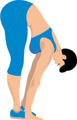 The girl leaned over and put her hands on her toes. Cartoon.