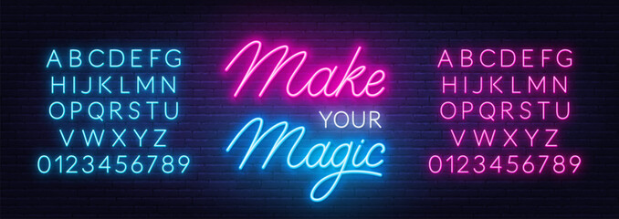 Make Your Magic neon quote on brick wall background.