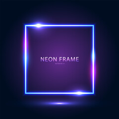 Neon square blue frame with highlights on a dark blue purple background. Abstract futuristic neon background. Vector EPS 10.
