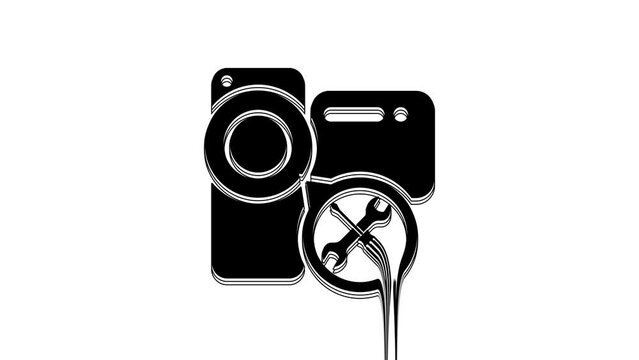 Black Video camera with screwdriver and wrench icon isolated on white background. Adjusting, service, setting, maintenance, repair, fixing. 4K Video motion graphic animation