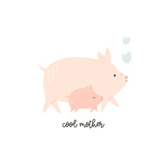 Vector illustration of cute young pig and his mom. Adorable print with animals for kids in a modern flat style.