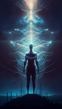 Ai generated. Psychic waves concept. Human person standing silhouette is receiving energy and power. A human accumulating spiritual well-being while meditating outdoors.