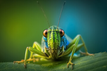 Green grasshopper sitting on tree in the garden. In-focus shot of a grasshopper perched on a green leaf. Meadow Grasshopper. generative ai - obrazy, fototapety, plakaty