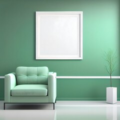 Blank Picture Frame for Wall Art Mockup in Minimalist Sage Green Scene Interior Background with Sofa and Potted Plant. Generated by AI