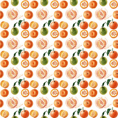 Watercolor seamless pattern of Fruits, twigs and slices of tangerine