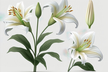 White lily flowers on white background, flower pattern, copy space and space for text mother's day greeting card, women's day, wedding. Generative AI