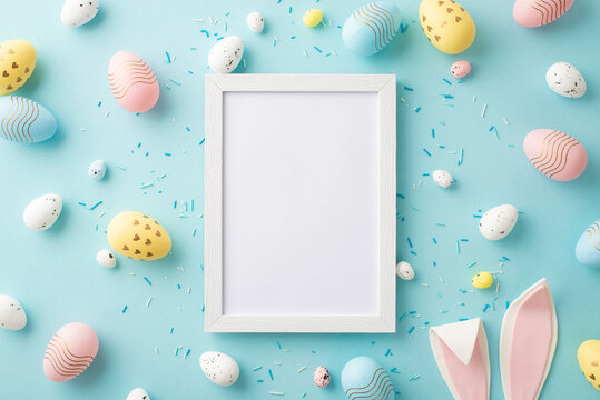 Easter concept. Top view photo of photo frame yellow white blue pink eggs easter bunny ears and sprinkles on isolated pastel blue background with empty space