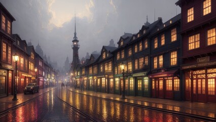Fototapeta premium An illustration of an evening European city, with wet streets and canals. With colorful patterns.