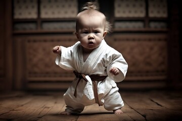 Fototapeta premium bébé en kimono blanc en position de combat dans un dojo en bois - illustration ia