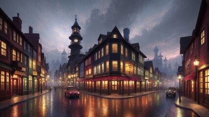 Fototapeta premium An illustration of an evening European city, with wet streets and canals. With colorful patterns.