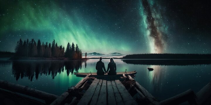 un couple d'amoureux est assis au bout d'un ponton en bois et admire le paysage de lac et de montagnes la nuit avec des aurores bor&eacute;ales en arri&egrave;re-plan - illustration ia