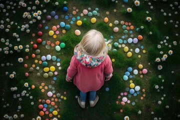child seen from above in a garden with lots of easter eggs lying on the grass.Generative AI