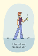 Young beautiful woman with a cup. Vector colored flat illustration for International Women's Day.